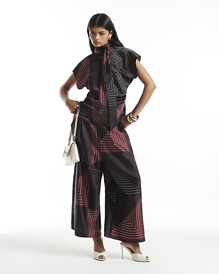 Black Satin Wide Leg Culotte Trousers