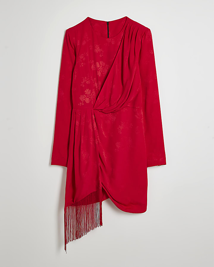 Red Satin Jacquard Scarf Drape Mini Dress