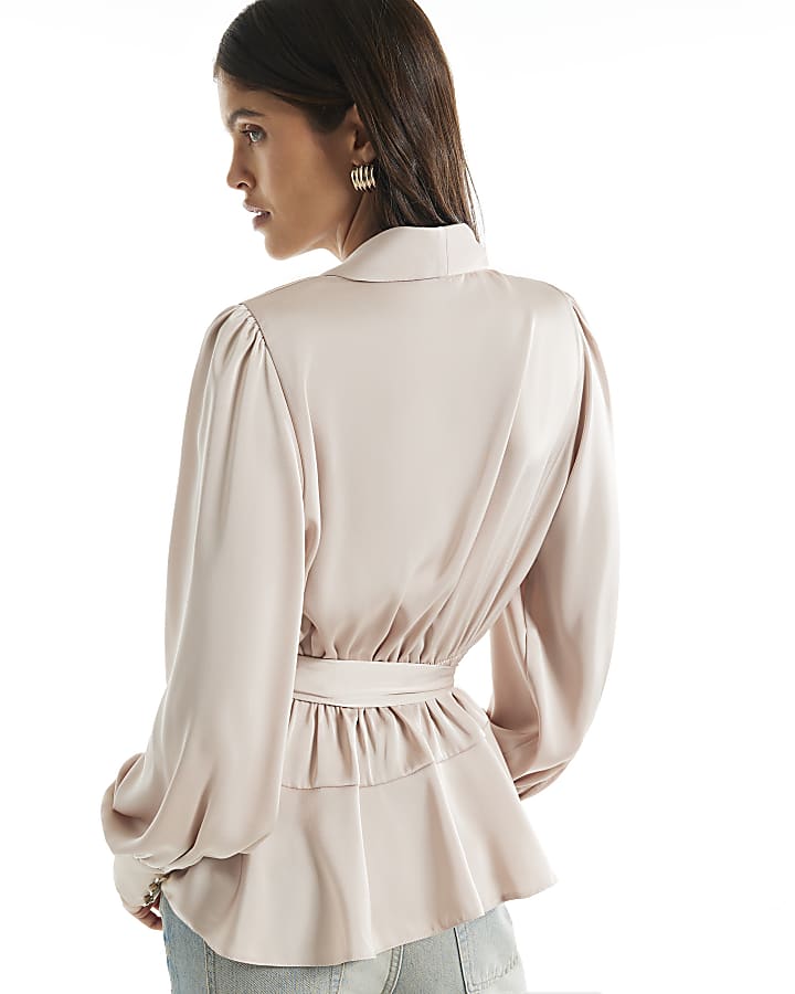 Cream Satin Wrap Long Sleeve Blouse