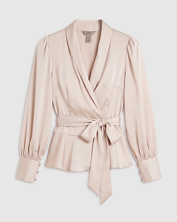 Cream Satin Wrap Long Sleeve Blouse