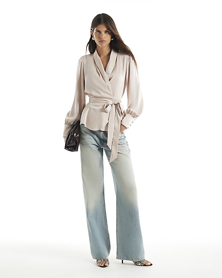 Cream Satin Wrap Long Sleeve Blouse