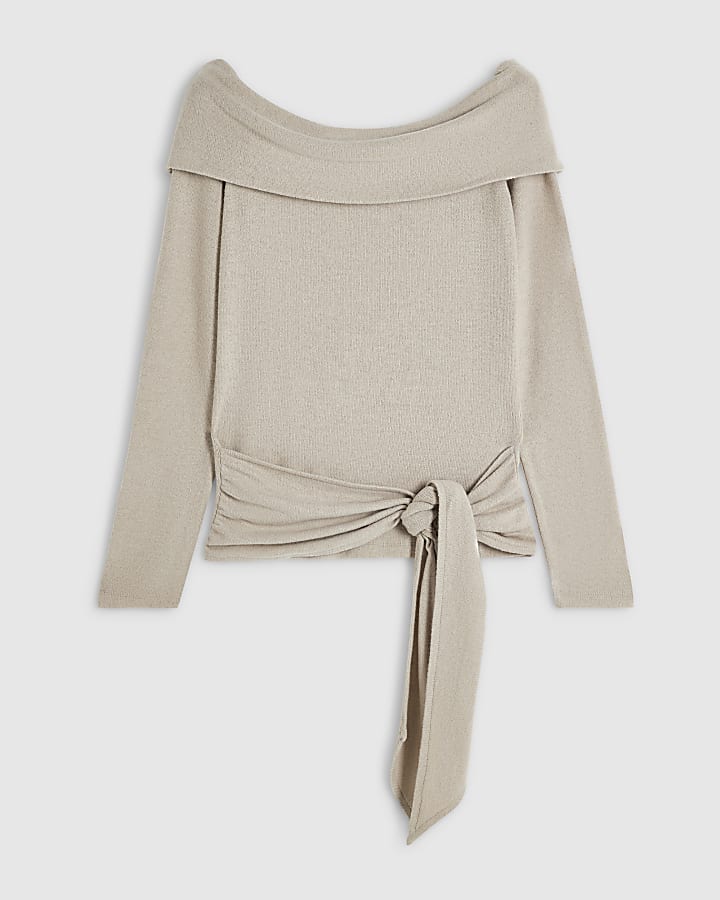 Beige Tie Side Bardot Long Sleeve Top