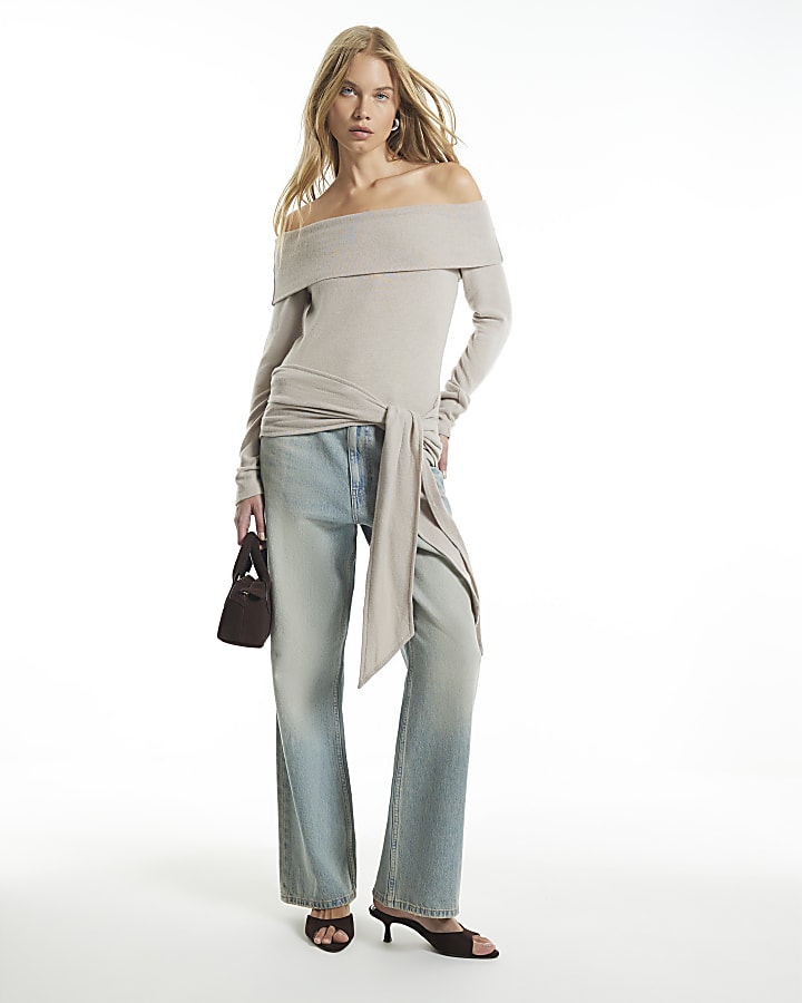 Beige Tie Side Bardot Long Sleeve Top