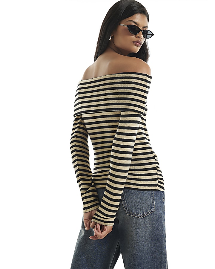 Beige Stripe Tie Side Bardot Top