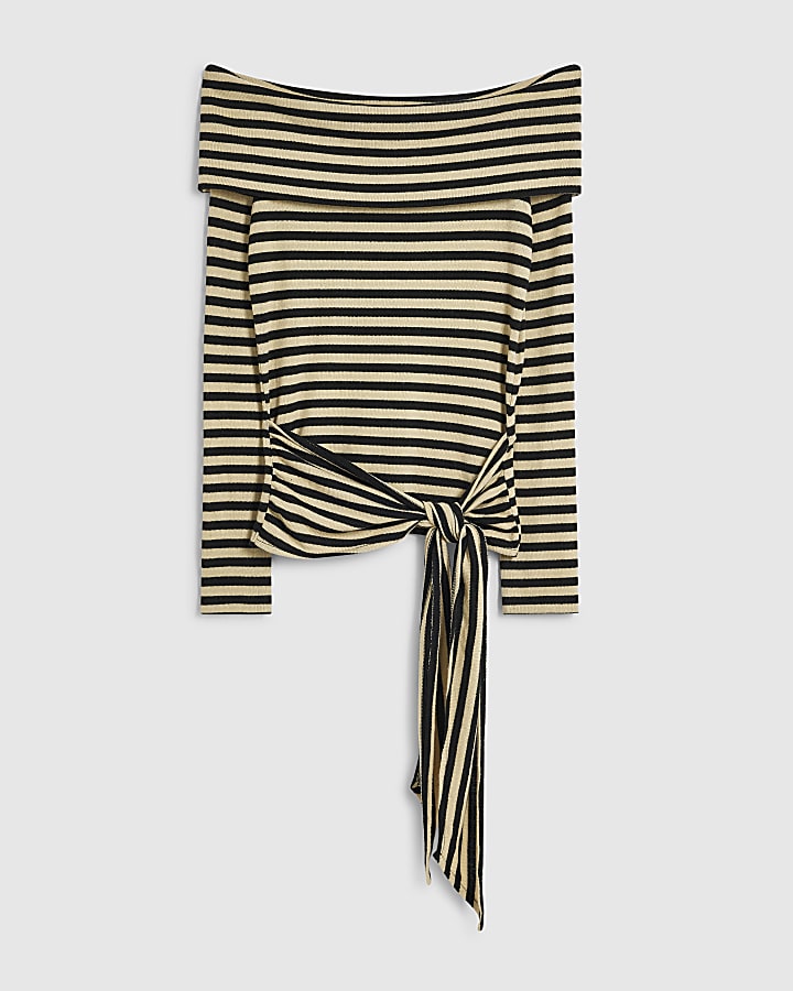 Beige Stripe Tie Side Bardot Top