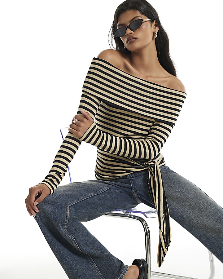 Beige Stripe Tie Side Bardot Top