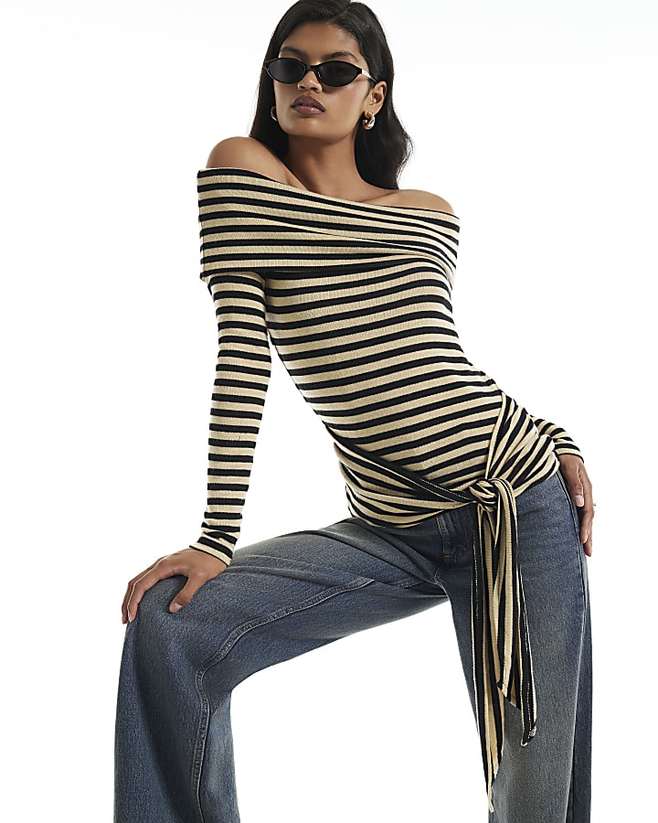 Beige Stripe Tie Side Bardot Top
