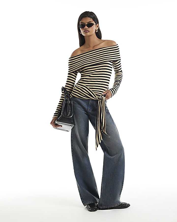 Beige Stripe Tie Side Bardot Top