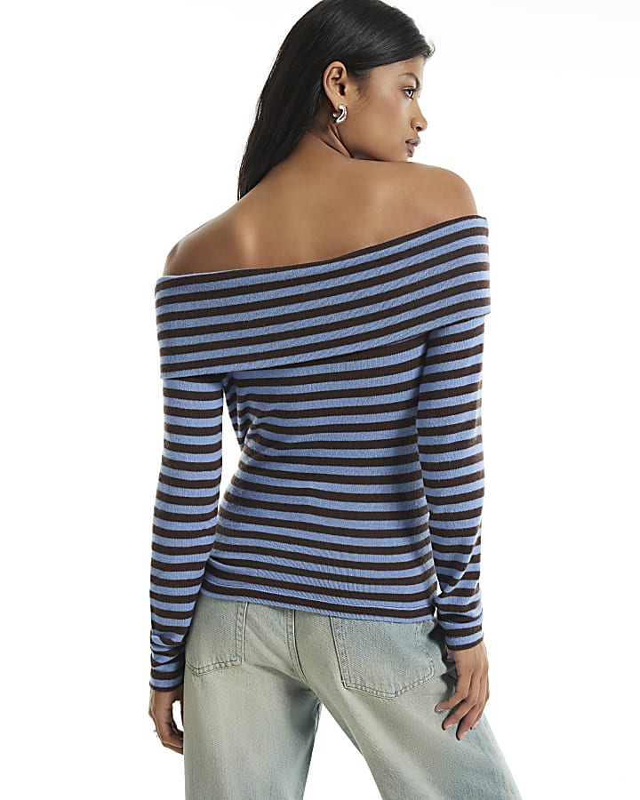 Blue Stripe Tie Side Bardot Top