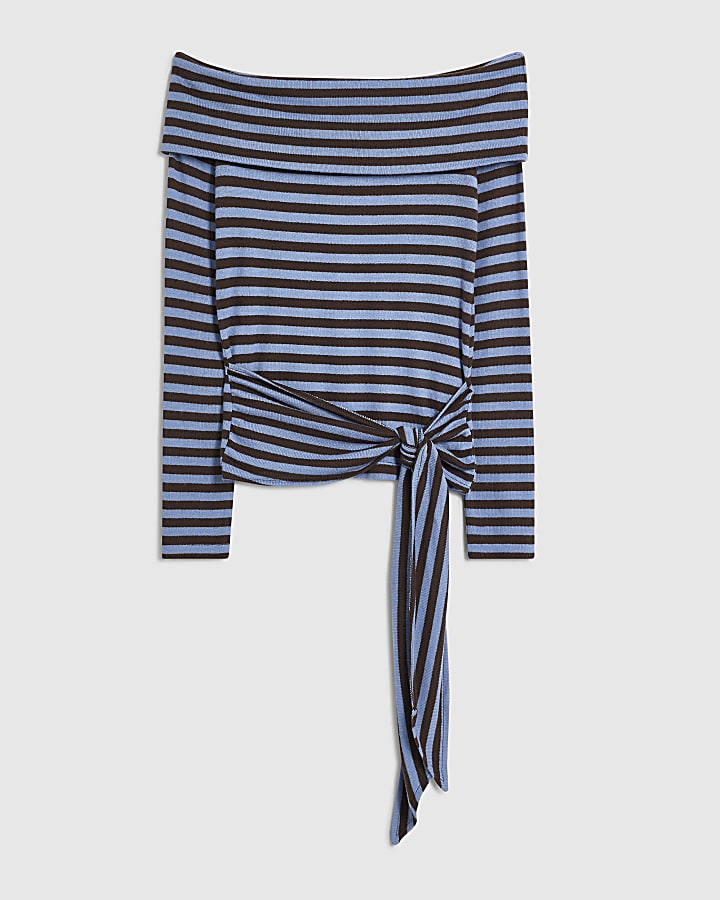 Blue Stripe Tie Side Bardot Top