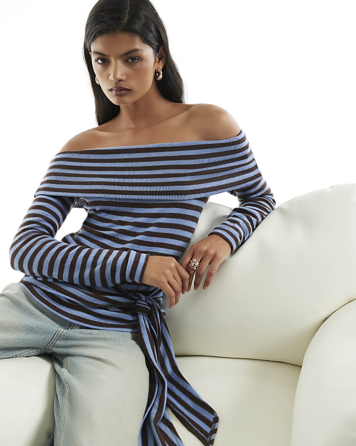 Blue Stripe Tie Side Bardot Top