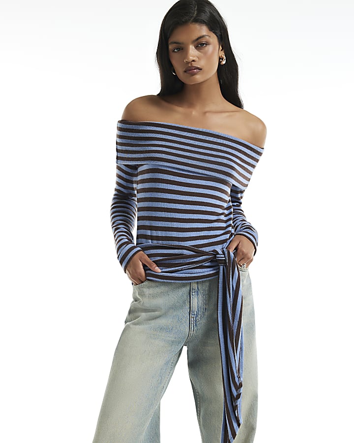 Blue Stripe Tie Side Bardot Top