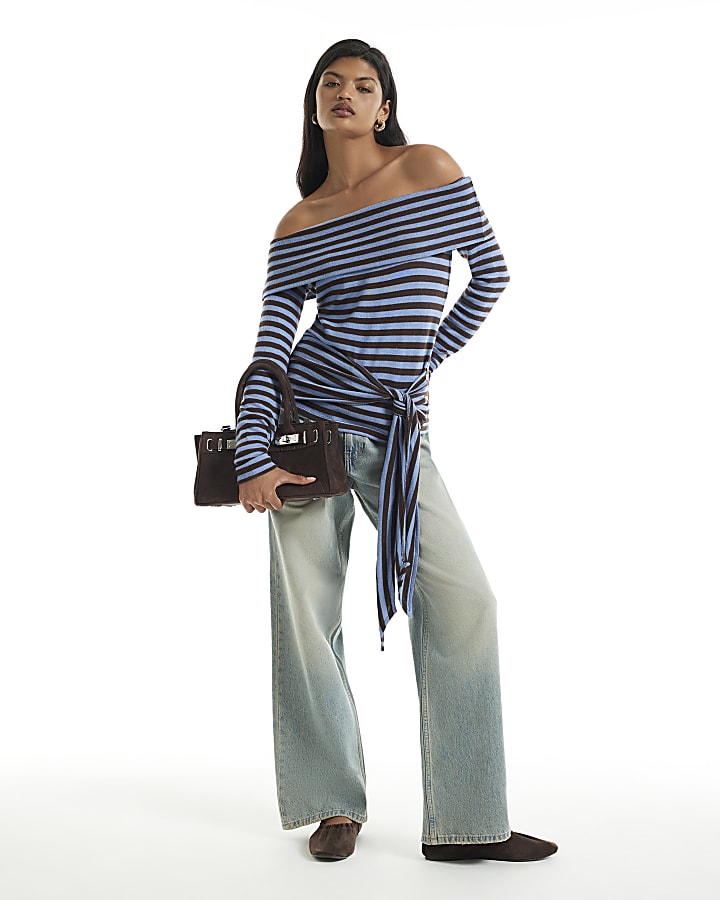 Blue Stripe Tie Side Bardot Top