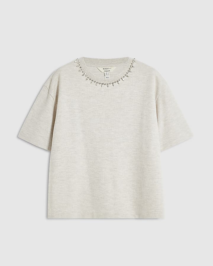 Beige Embellished Cosy Short Sleeve T-Shirt