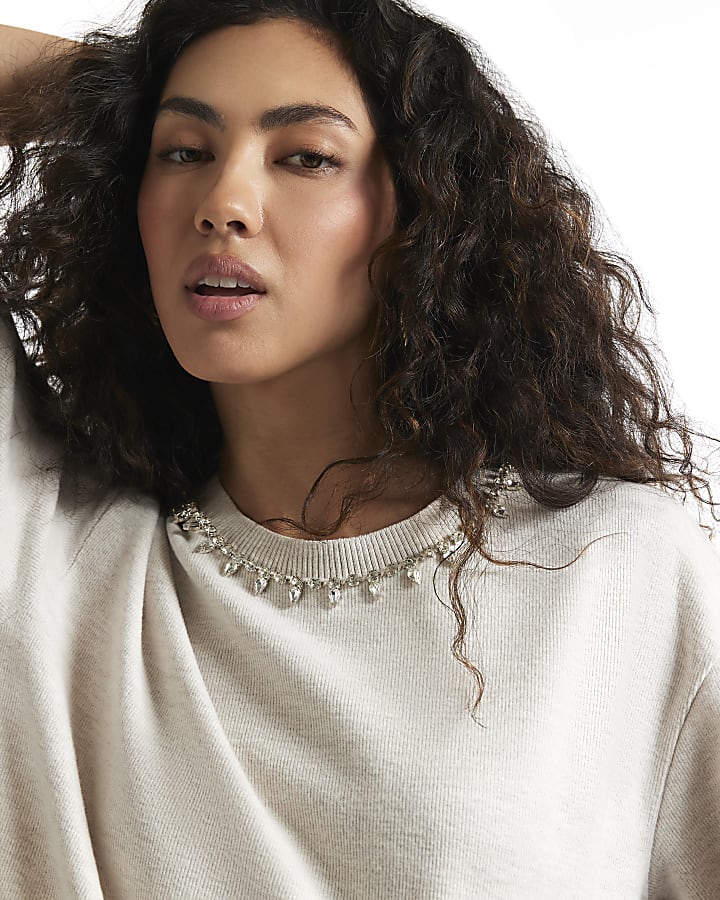 Beige Embellished Cosy Short Sleeve T-Shirt