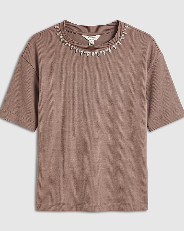 Brown Embellished Cosy Short Sleeve T-Shirt