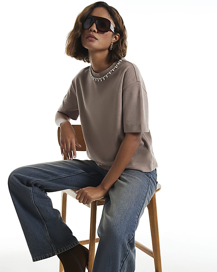 Brown Embellished Cosy Short Sleeve T-Shirt
