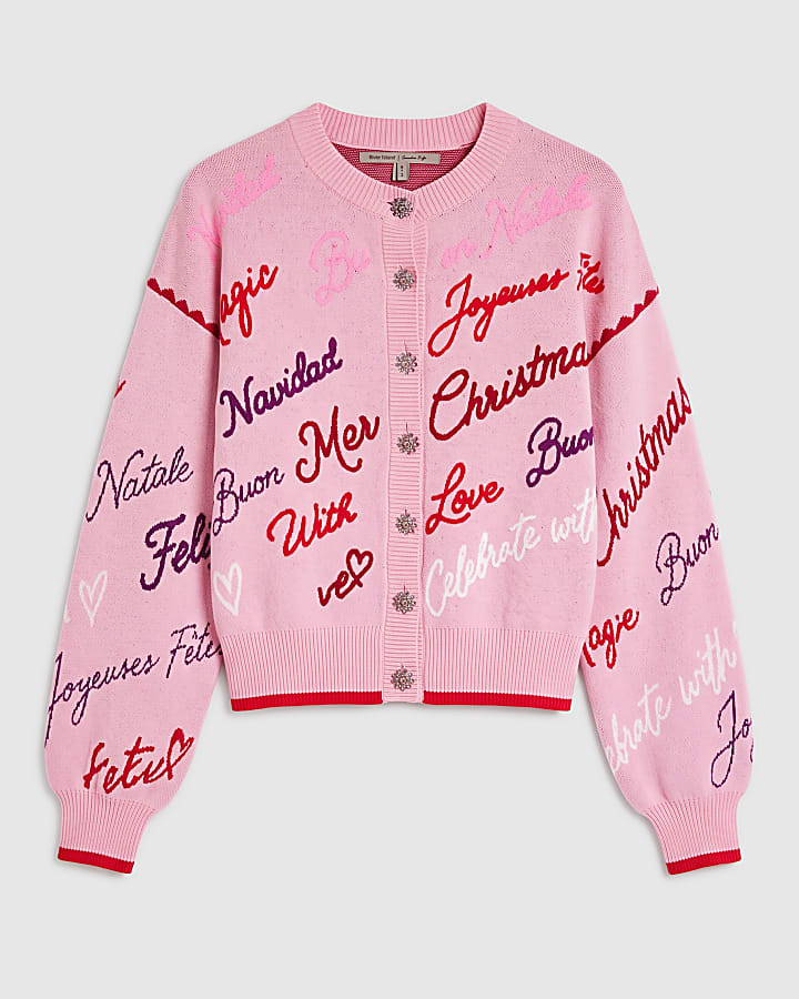 Pink Christmas Script Cardigan