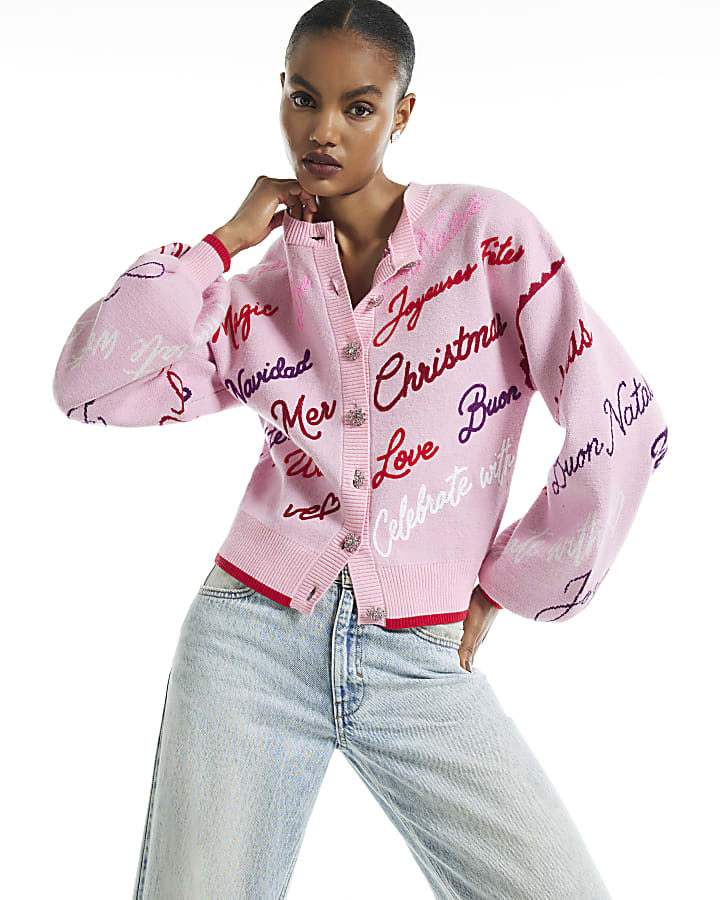 Pink Christmas Script Cardigan