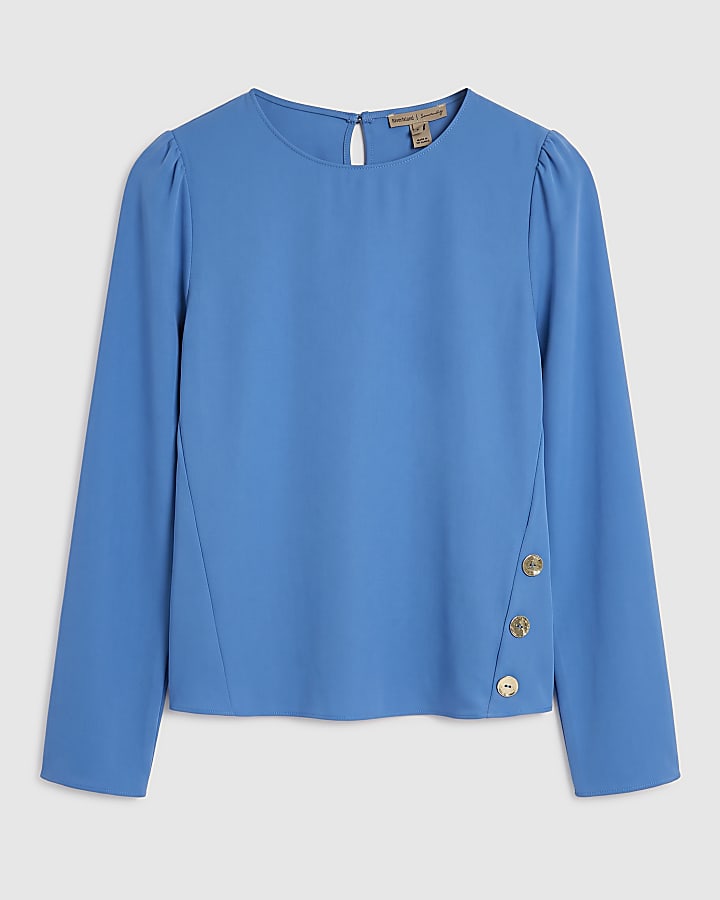 Blue Crepe Long Sleeve Button Top