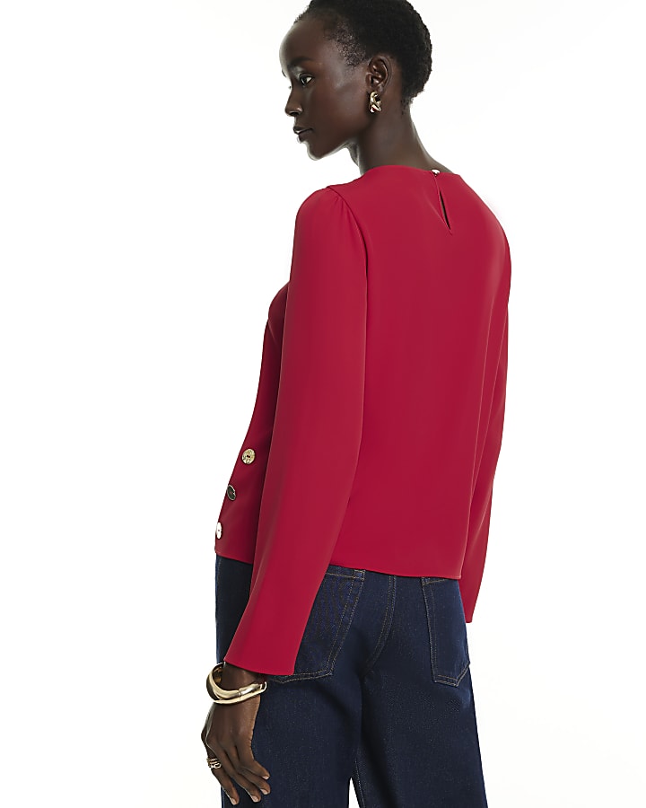 Red Crepe Long Sleeve Button Top