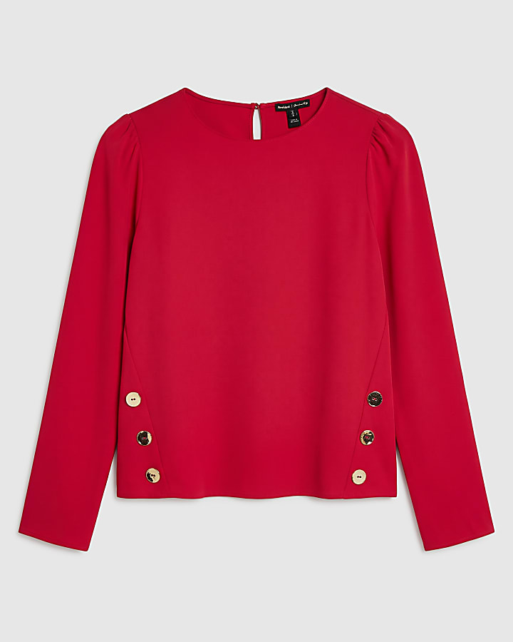 Red Crepe Long Sleeve Button Top