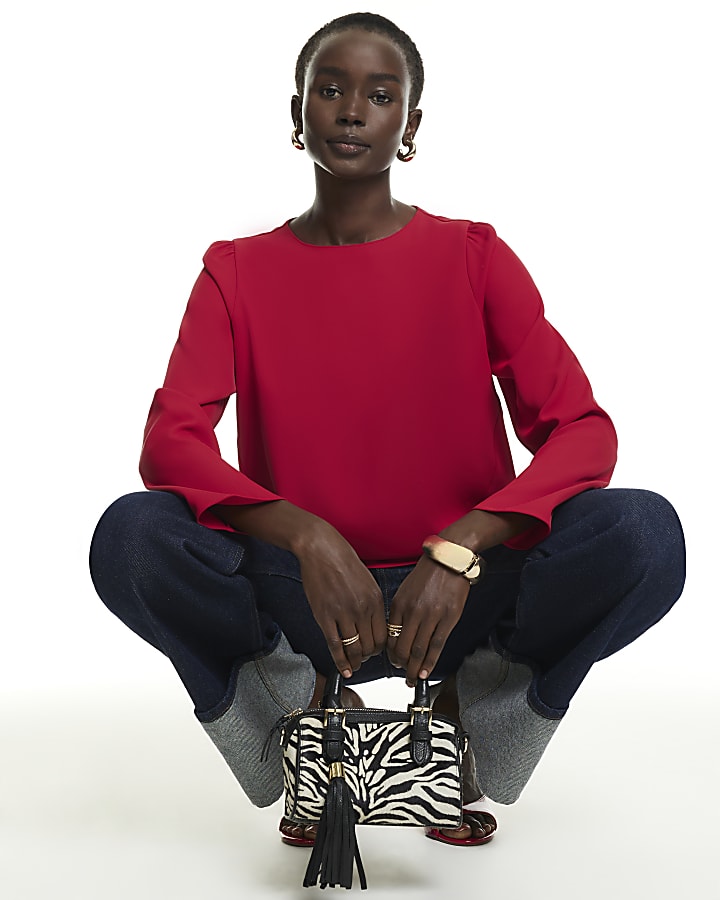 Red Crepe Long Sleeve Button Top