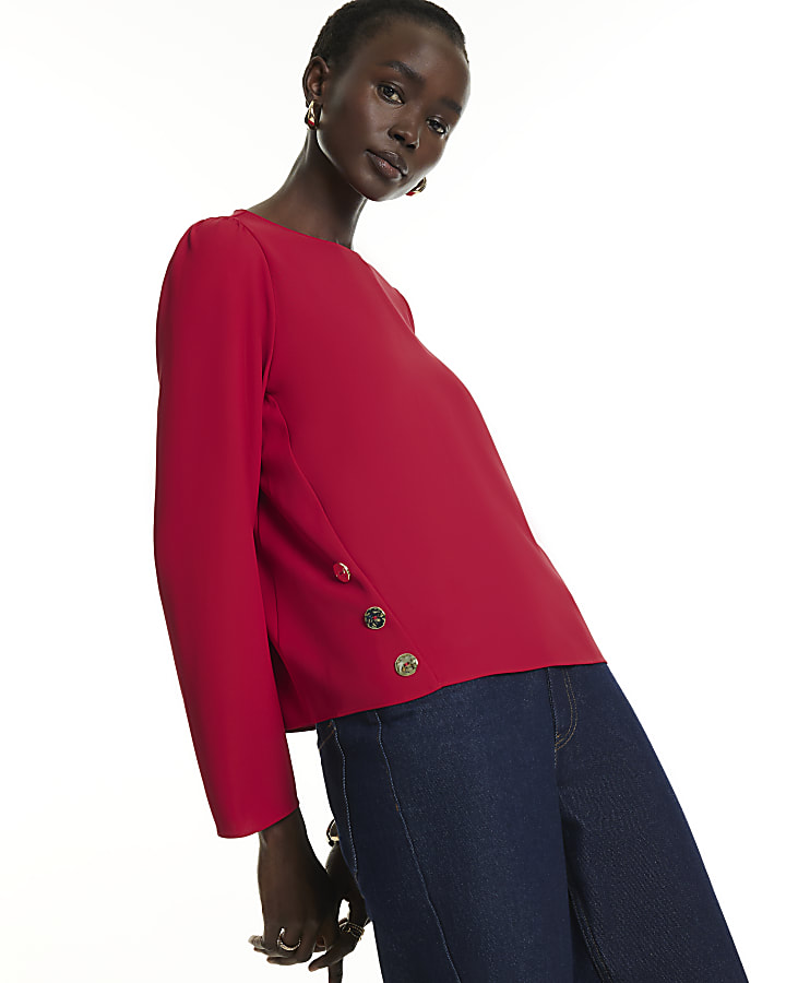 Red Crepe Long Sleeve Button Top