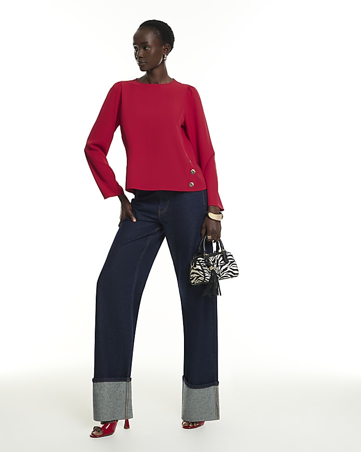 Red Crepe Long Sleeve Button Top