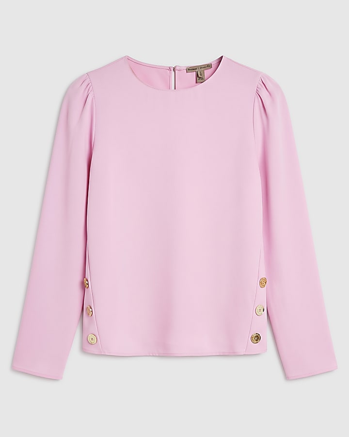 Pink Crepe Long Sleeve Button Top