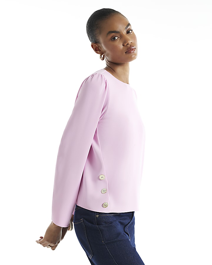 Pink Crepe Long Sleeve Button Top