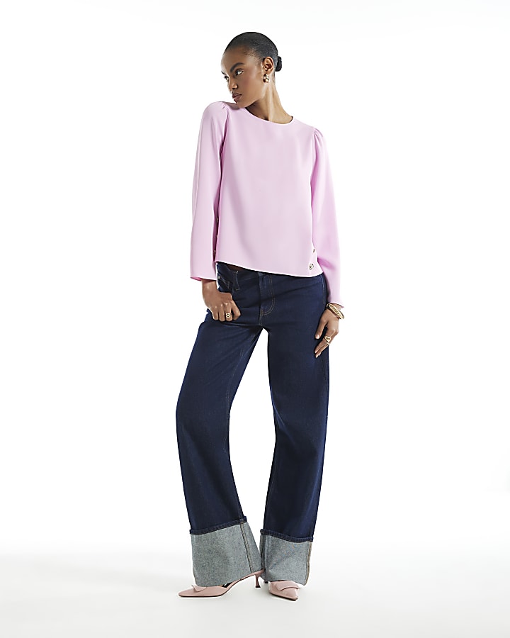 Pink Crepe Long Sleeve Button Top