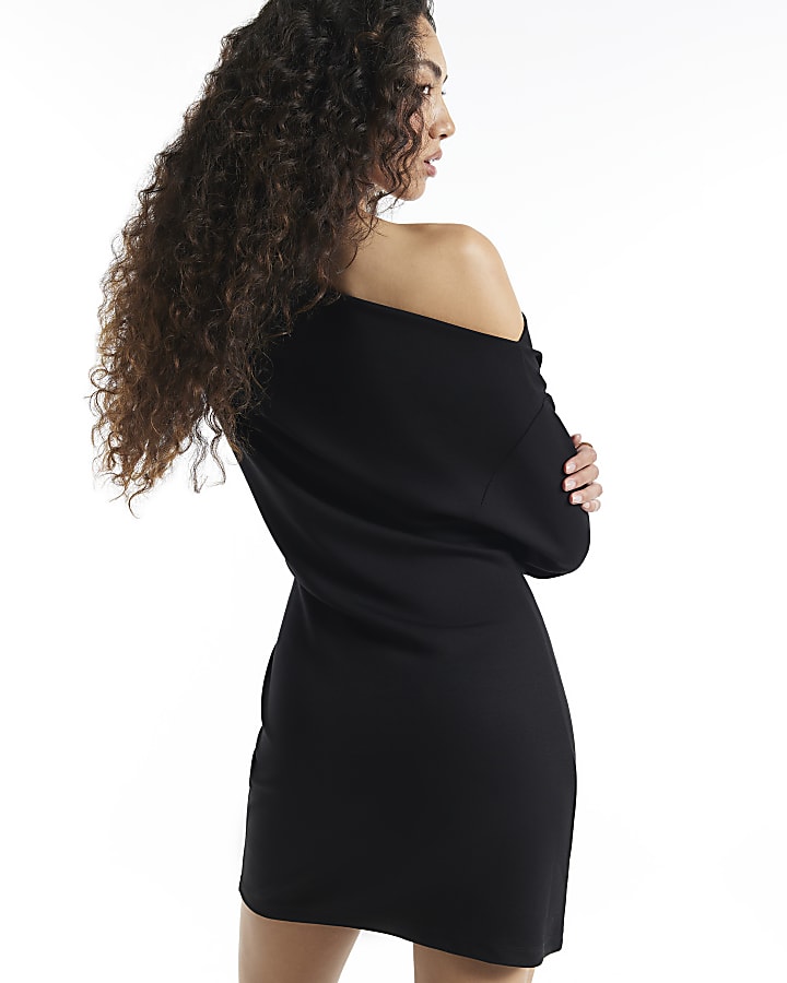 Black Long Sleeve One Shoulder Mini Dress