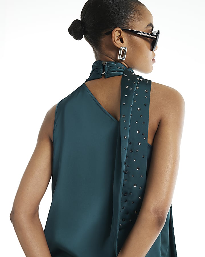 Green Satin Asymmetric Scarf Neck Tank Top