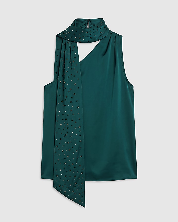 Green Satin Asymmetric Scarf Neck Tank Top