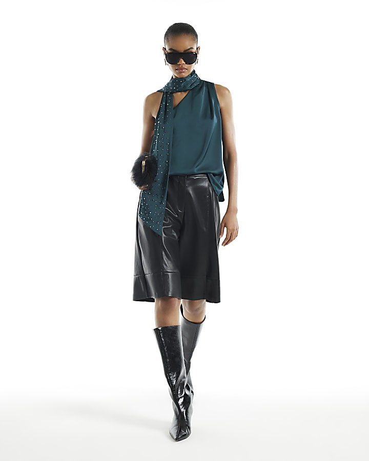 Green Satin Asymmetric Scarf Neck Tank Top
