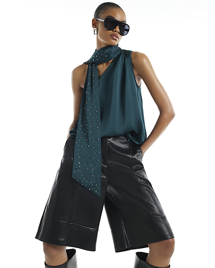 Green Satin Asymmetric Scarf Neck Tank Top