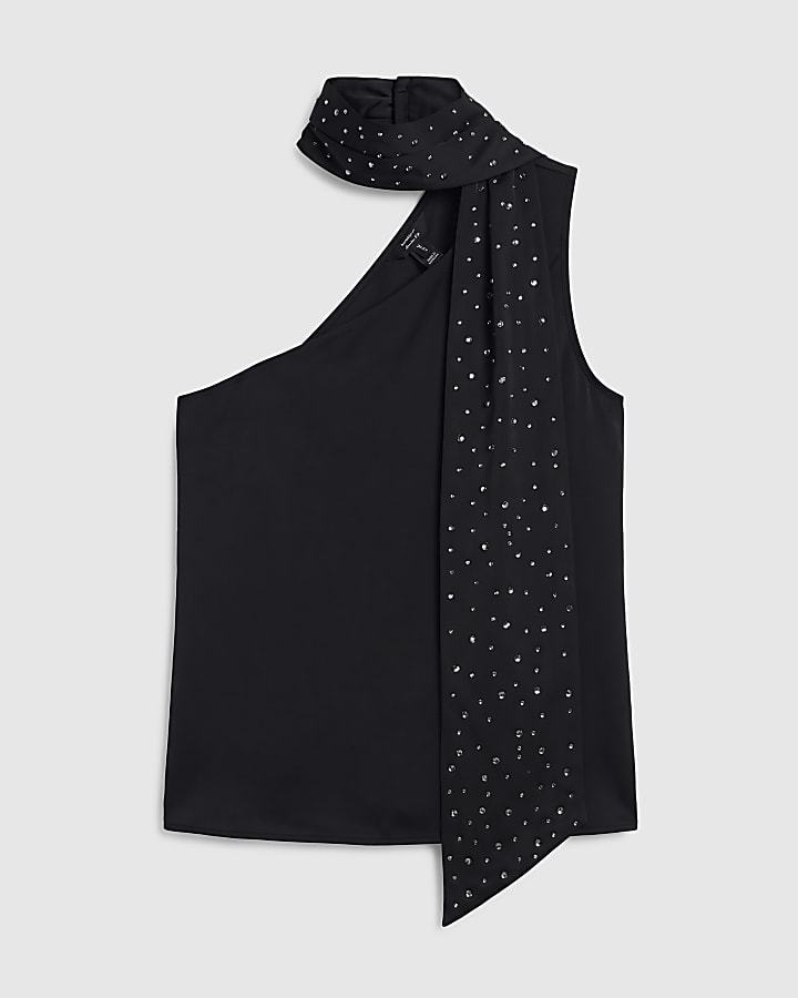 Black Satin Asymmetric Halter Neck Tank Top