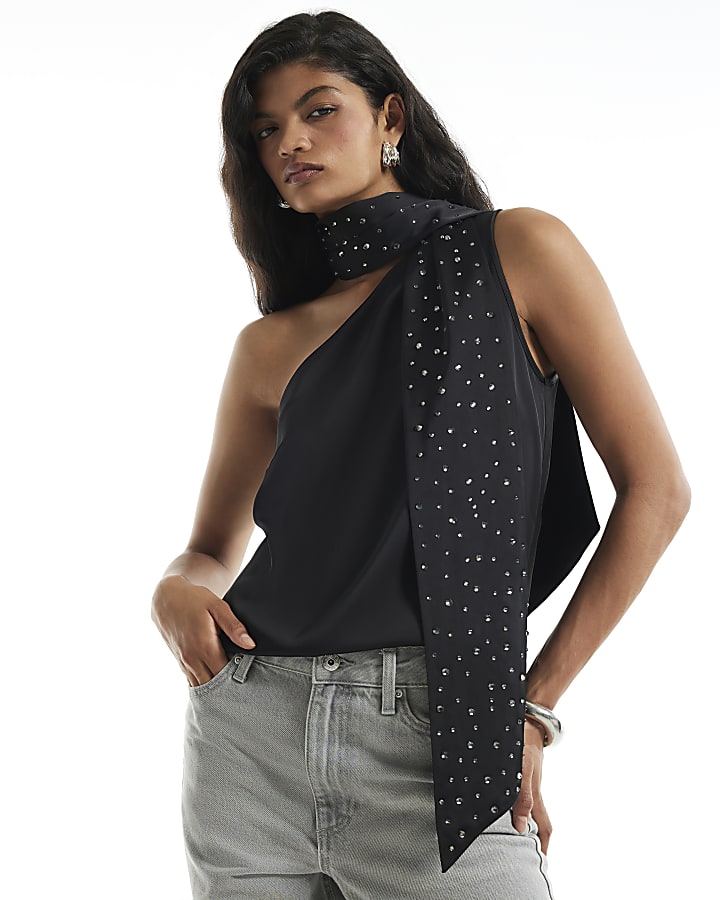 Black Satin Asymmetric Halter Neck Tank Top