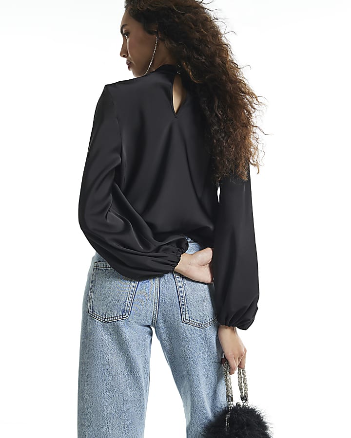 Black Satin Cowl Neck Long Sleeve Blouse