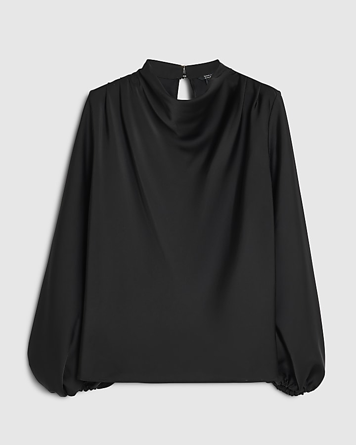 Black Satin Cowl Neck Long Sleeve Blouse
