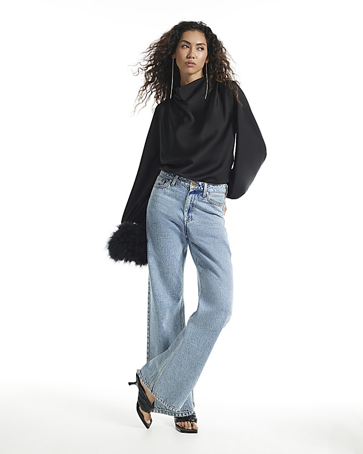 Black Satin Cowl Neck Long Sleeve Blouse