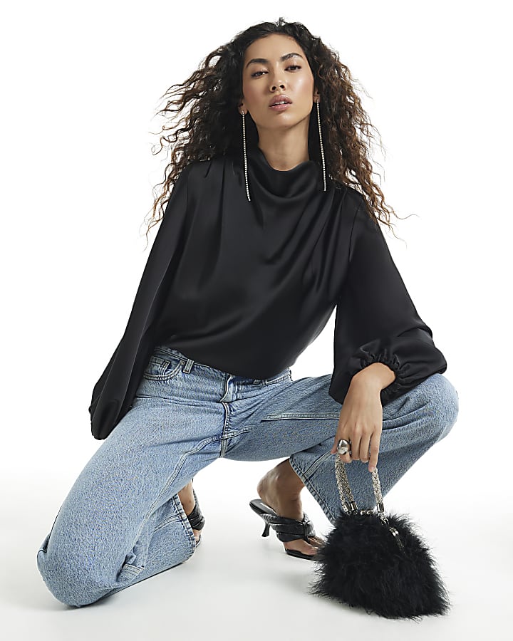 Black Satin Cowl Neck Long Sleeve Blouse