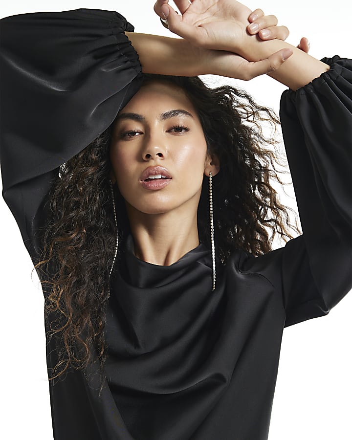 Black Satin Cowl Neck Long Sleeve Blouse