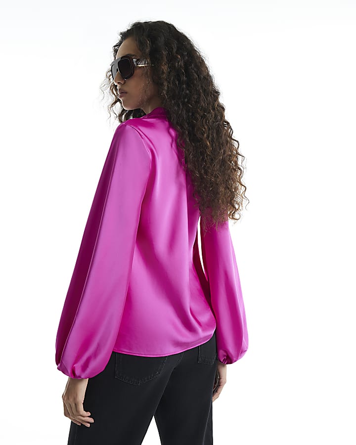 Pink Satin Cowl Neck Long Sleeve Blouse