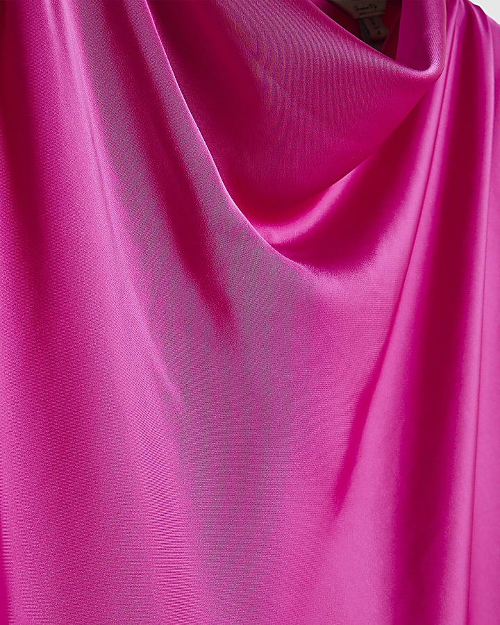 Pink Satin Cowl Neck Long Sleeve Blouse