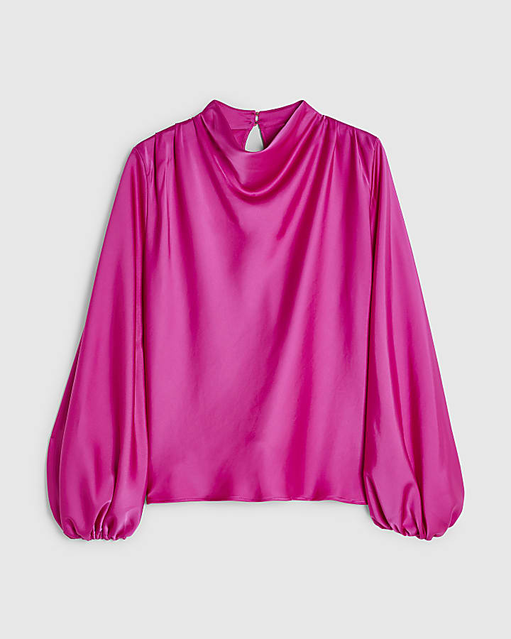 Pink Satin Cowl Neck Long Sleeve Blouse