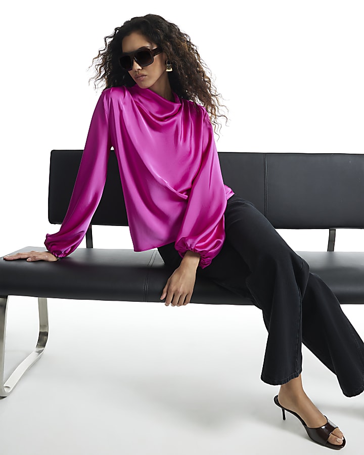 Pink Satin Cowl Neck Long Sleeve Blouse