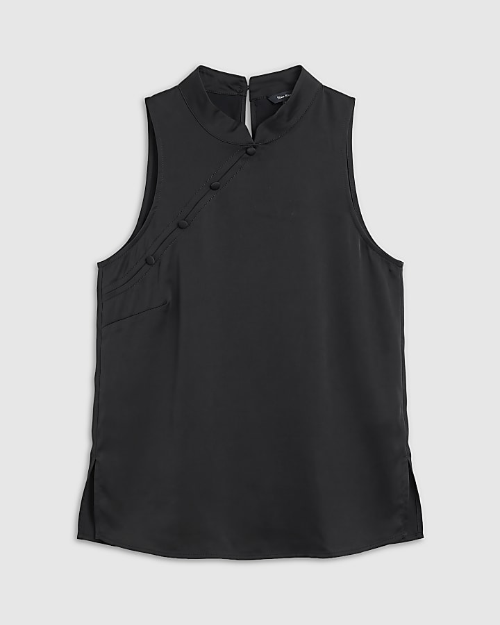 Black Satin Halter Neck Button Top