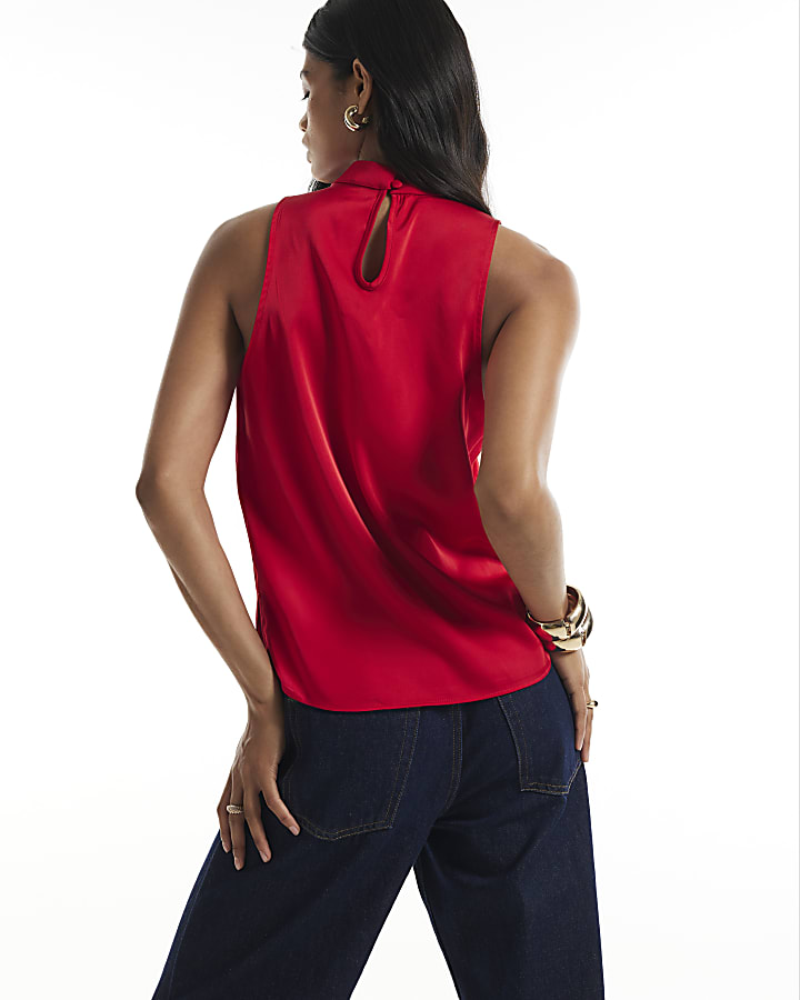 Red Satin Stand Up Collar Button Top